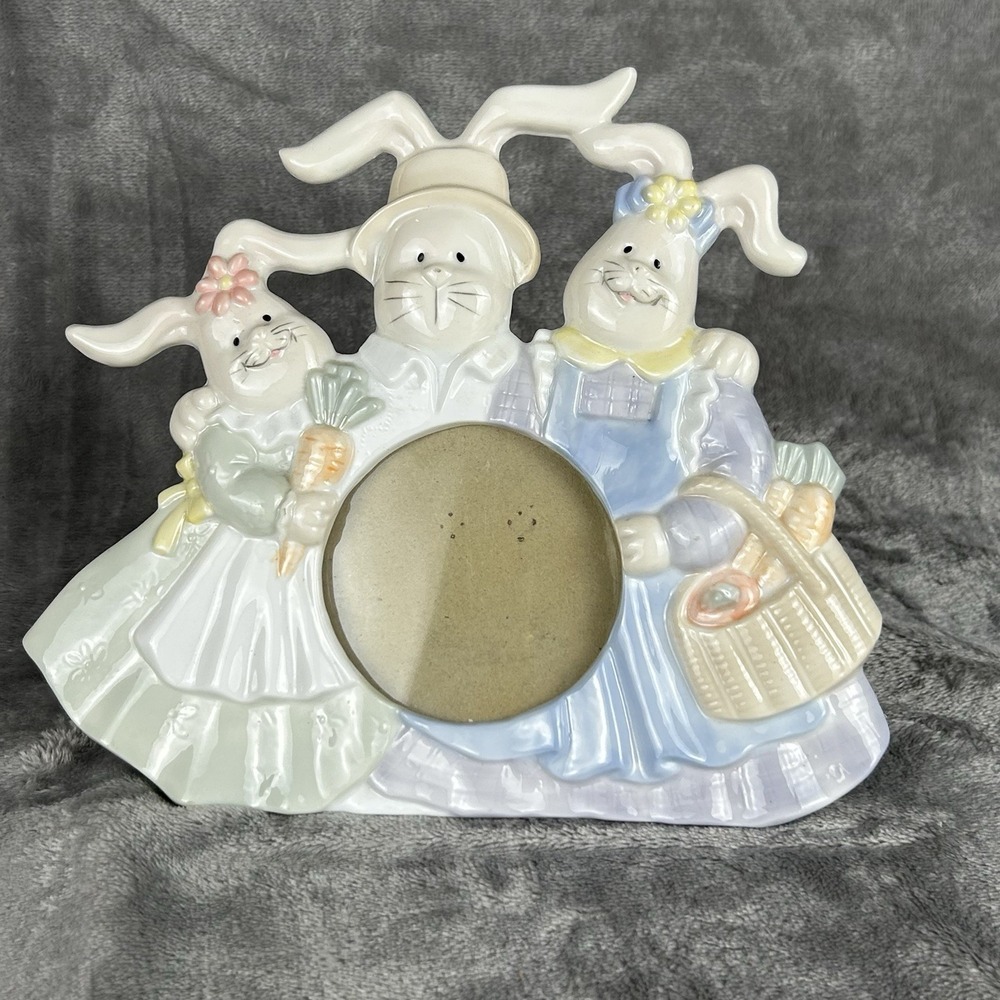 Bunny Picture Frame Ceramic ? Round Opening Easter Spring Photo Frame Easel Back